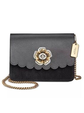 Coach Bowery Mini Black Scalloped Floral-Accent Crossbody with Gold Chain